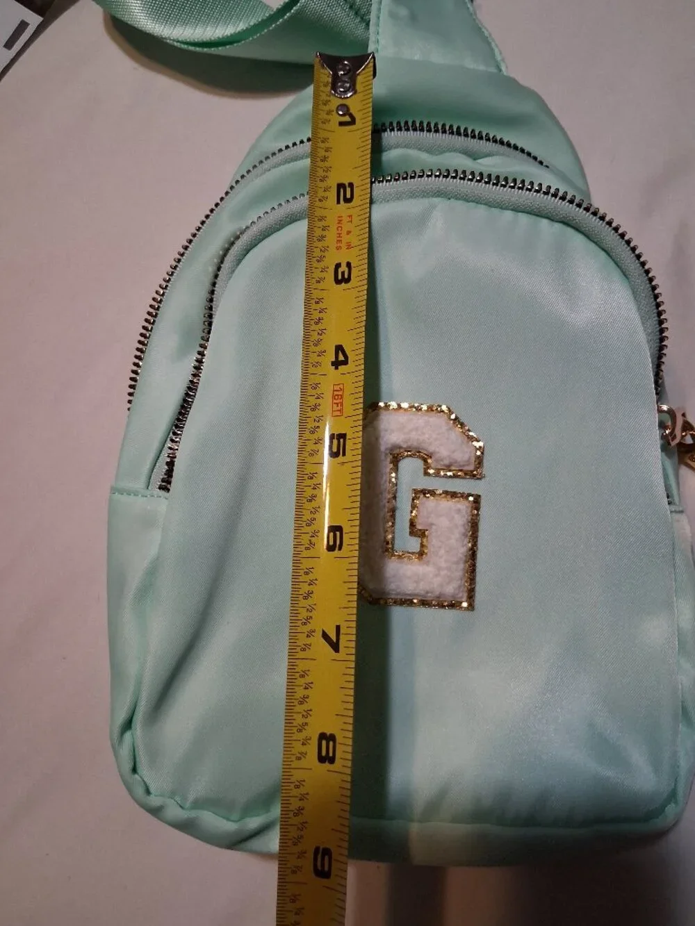 Mint Green Crossbody Mini Sling Bag Backpack Varsity Letter G Chenille Patch